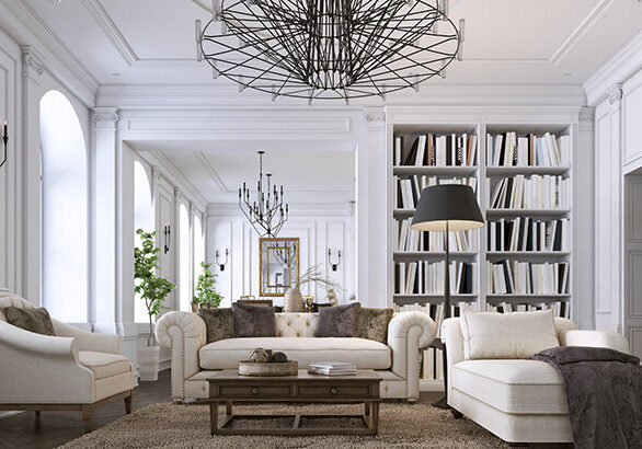 Luxury classic interior of living room and dining room with white furniture and metal chandeliers. 3d illustration